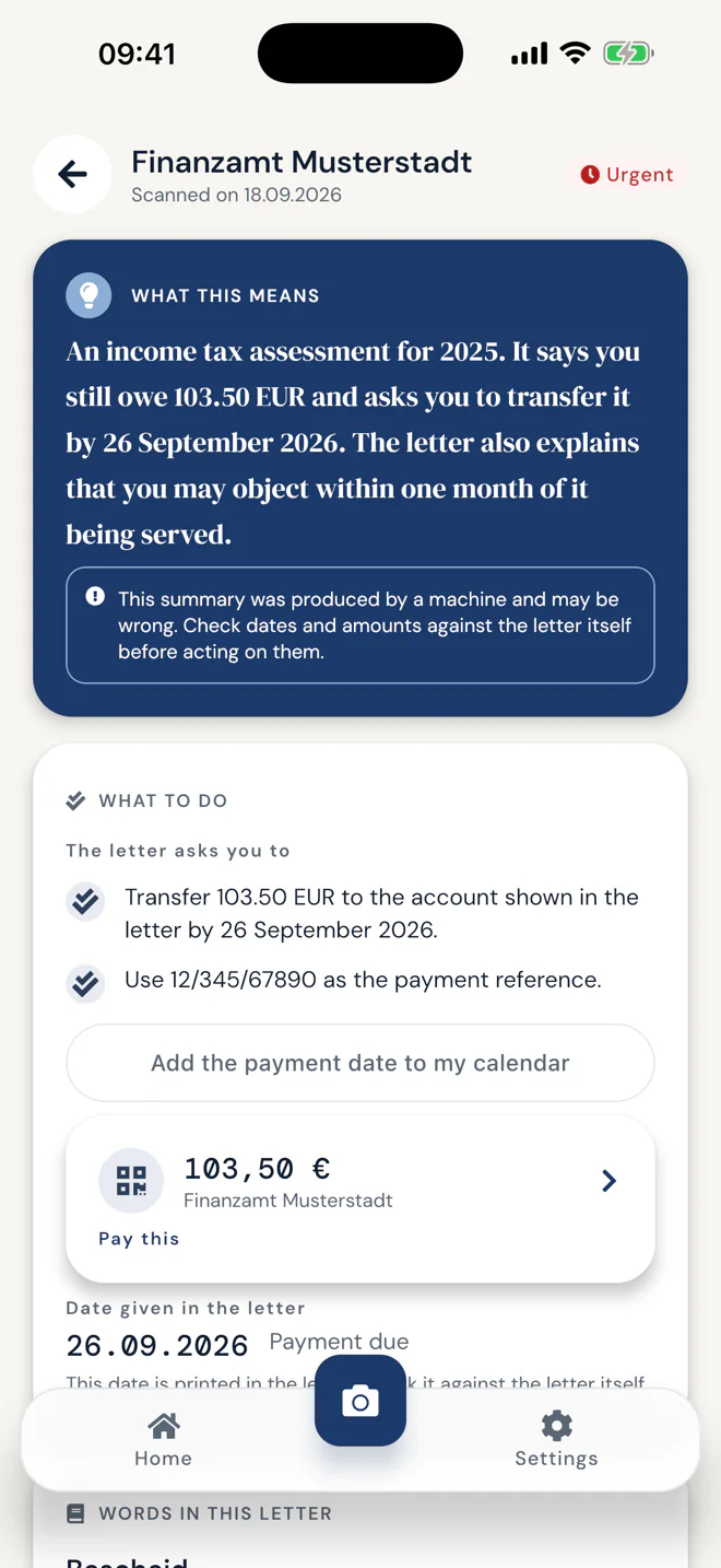 Terminoo letter detail screen, showing a summary, a deadline and checked payment details