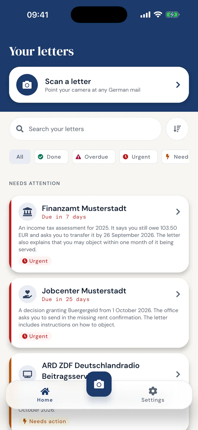 Terminoo letters screen, showing a needs-attention section above everything else