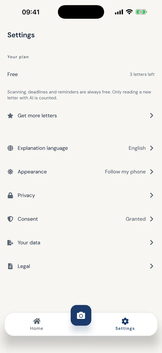 Terminoo settings screen, showing the explanation language, the appearance options and the privacy controls